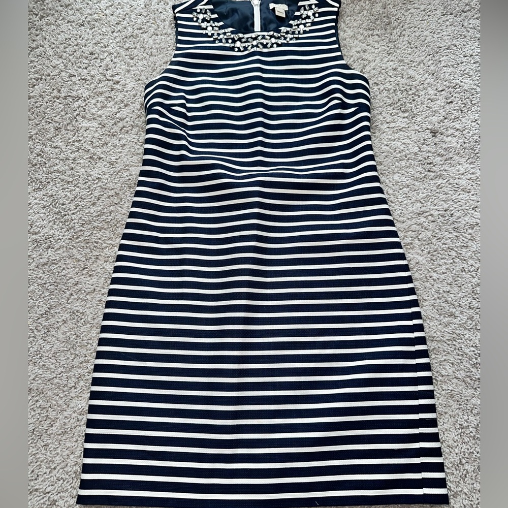 J. CREW Navy Blue Striped Embellished Sheath Dress 0 Jewel Neckline
